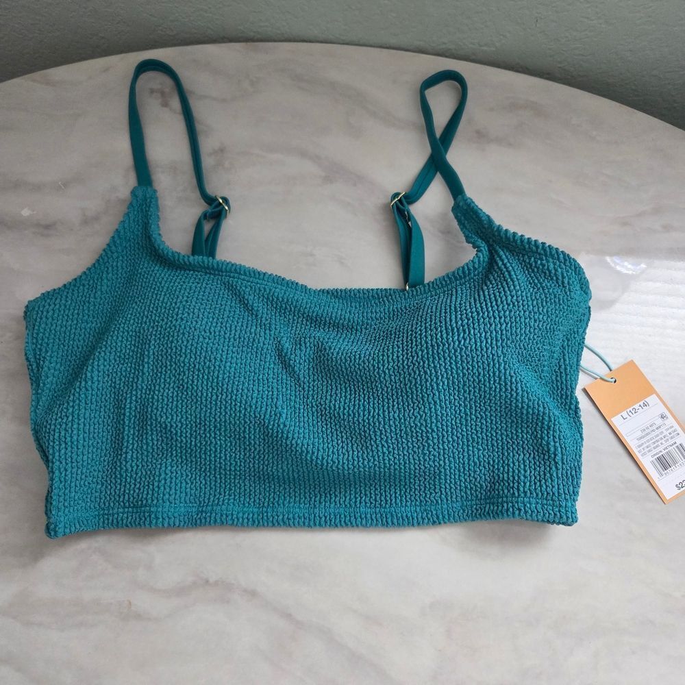 Kona Sol Soft Crinkle Textured Square Neck Bikini Top Turquoise 12-14 LARGE - Picture 2 of 4